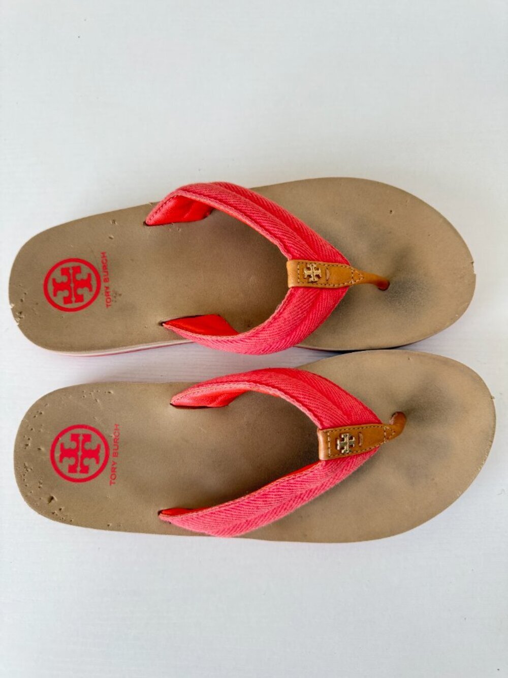 Tory Burch Canvas Tan Leather Flip Flops